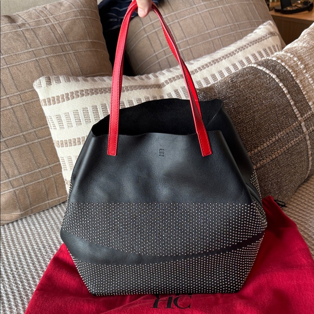 Carolina Herrera Limited Edition Black Tote with Metal Studs and Red Handles